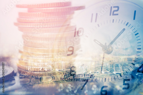 double exposure of row of coins and credit card with clock for business and finance background