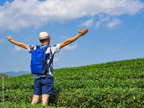 Young asian backpacker traveling into tea fields. Young man traveler take a photo of mountain tea field with blue sky background. Freedom Concept.