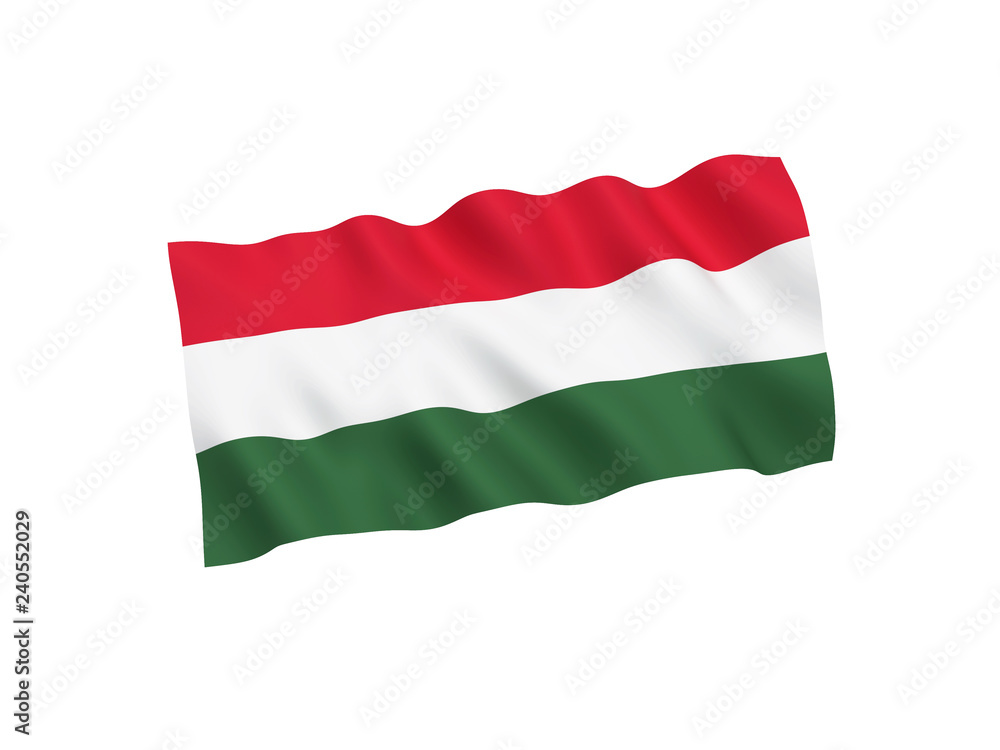 Fototapeta premium National fabric flag of Hungary isolated on white background. 3d rendering illustration. 1 to 2 proportion.