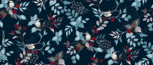  Vector illustration of a seamless floral pattern with cute birds in winter for Wedding, anniversary, birthday and party. Design for banner, poster, card, invitation and scrapbook 				