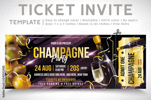 Gold champagne. Invitation Ticket. Ticket party, new year invite. elegant holiday party invitation. Flyers. 2019. invitations. invitation card, Template