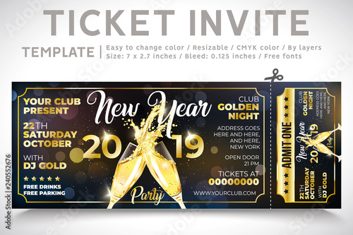 New Year. Invitation Ticket. Ticket party, elegant holiday party invitation. Flyers. 2019. invitation card 2019