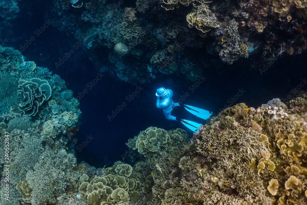 Fototapeta premium Free diver explores an underwater crevice