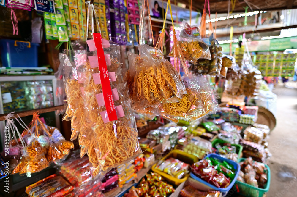 Mani Sithu Market. Nyaung-U,Myanmar. - July 31, 2018 : The Mani Sithu Market in downtown Nyaung-U is the main local market for the town.