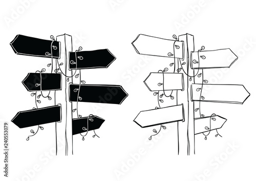 Hand drawn wooden signboards with string lights, vector illustration