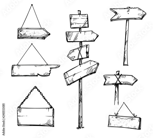 Set of wooden arrow signs, hand drawn vector illustration