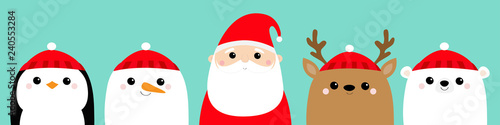 Penguin Santa Claus White polar bear Snowman Raindeer Deer bird face icon set. Merry Christmas. New Year. Cute cartoon funny kawaii baby character. Greeting card. Flat design Blue background.