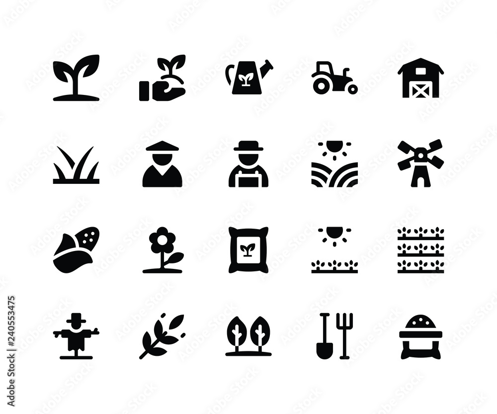 Simple Set of Agriculture Related Vector Glyph Icons. Contains such Icons as plant, sprinkler, tractor, barn, grass and More. pixel perfect vector icons based on 32px grid. Well Organized
