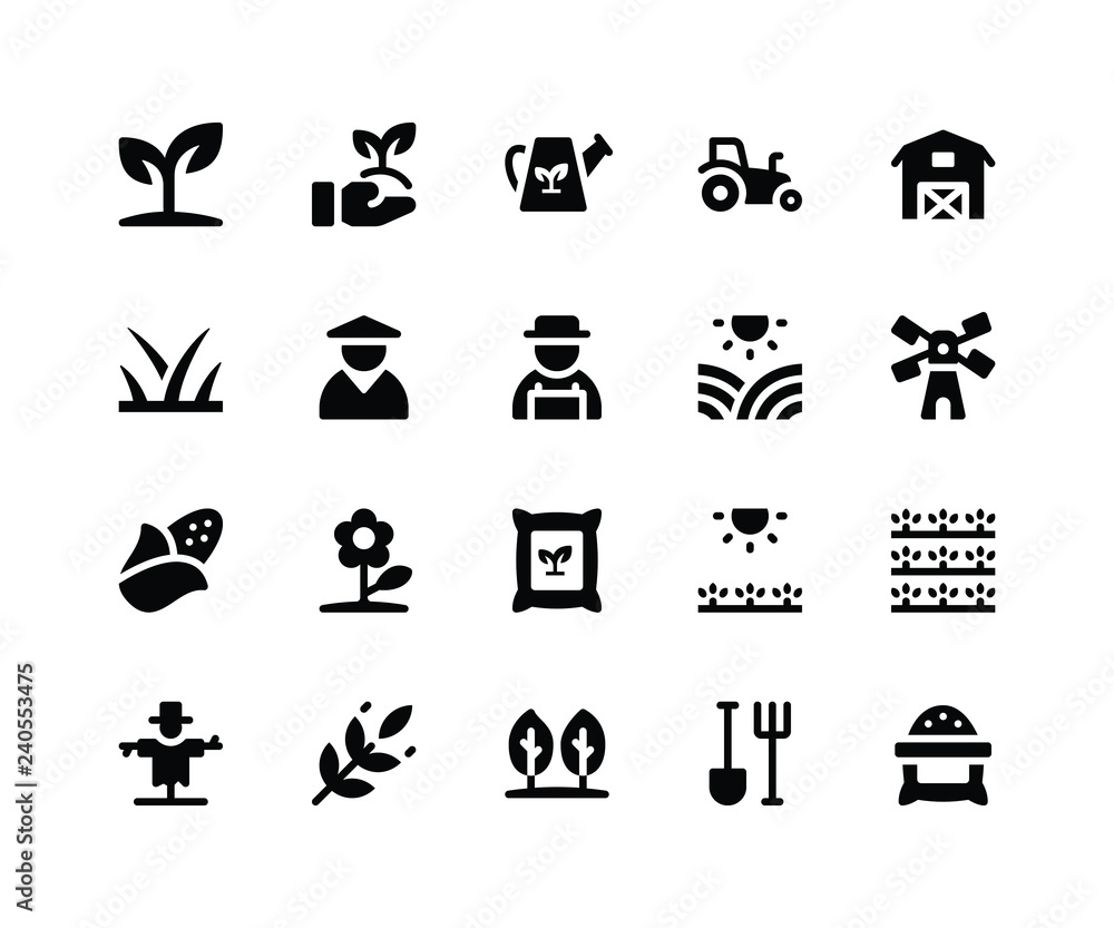 Simple Set of Agriculture Related Vector Glyph Icons. Contains such Icons as plant, sprinkler, tractor, barn, grass and More. pixel perfect vector icons based on 32px grid. Well Organized Simple Set of Agriculture Related Vector Glyph Icons. Contains such Icons as plant, sprinkler, tractor, barn, grass and More. pixel perfect vector icons based on 32px grid. Well Organized