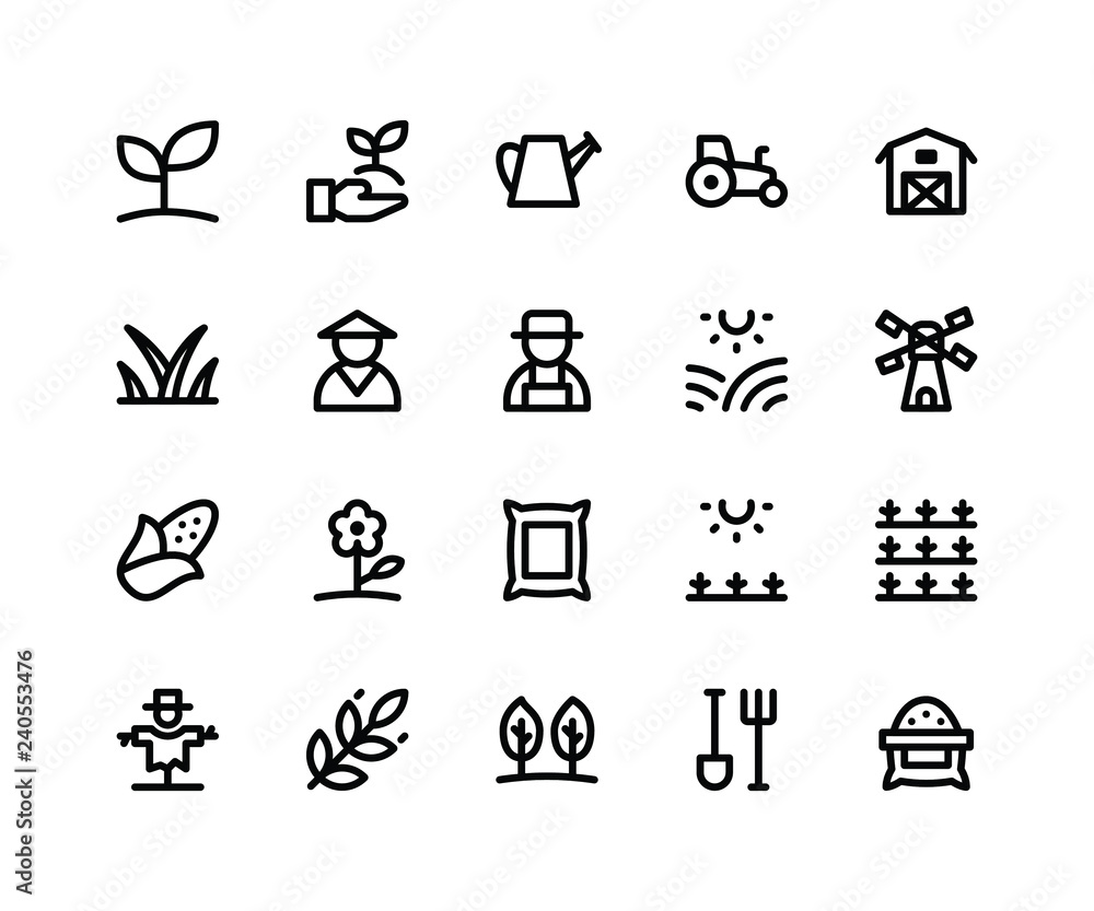 Fototapeta premium Simple Set of Agriculture Related Vector Line Icons. Contains such Icons as&nbsp;plant, sprinkler, tractor, barn, grass and More. pixel perfect vector icons based on 32px grid. Editable Strokes