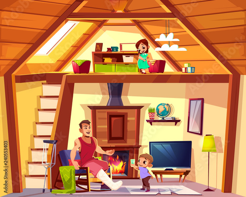 Fototapeta Naklejka Na Ścianę i Meble -  Vector cartoon interior of house with family. Disabled father with helping son in living room. Girl is on attic, lounge. Duplex background. Cross section of home, crest. Furniture, fireplace in hall.