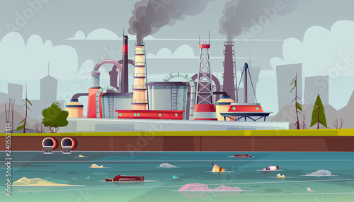 Vector background with environmental pollution. Factory plant smokes with smog, trash emission from pipes to river water. Grey sky and polluted grass. Ecology, nature concept with dirty pond, grey sky