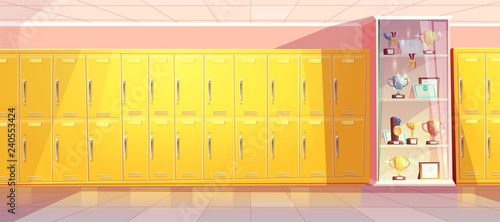 Vector cartoon school hallway with showcase for trophies and yellow lockers at college, university. Individual dressers and glass shop window with golden medal, goblets. Shiny rewards for competitions