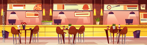 Vector horizontal illustration with cafe. Cartoon cozy interior with tables and chairs. Bright furniture for cafeteria, various cuisine. Fast food, sushi, pizza in menu. Background of restaurant.