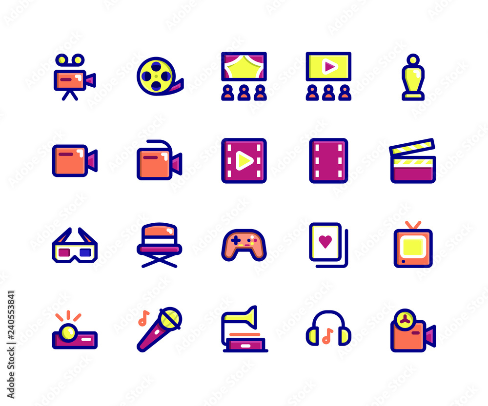 Simple Set of Entertainment Related Vector Filled Line Icons. Contains such Icons as camera, movie, theatre, filmstrip, trophy and More. pixel perfect vector icons based on 32px grid. Editable Strokes