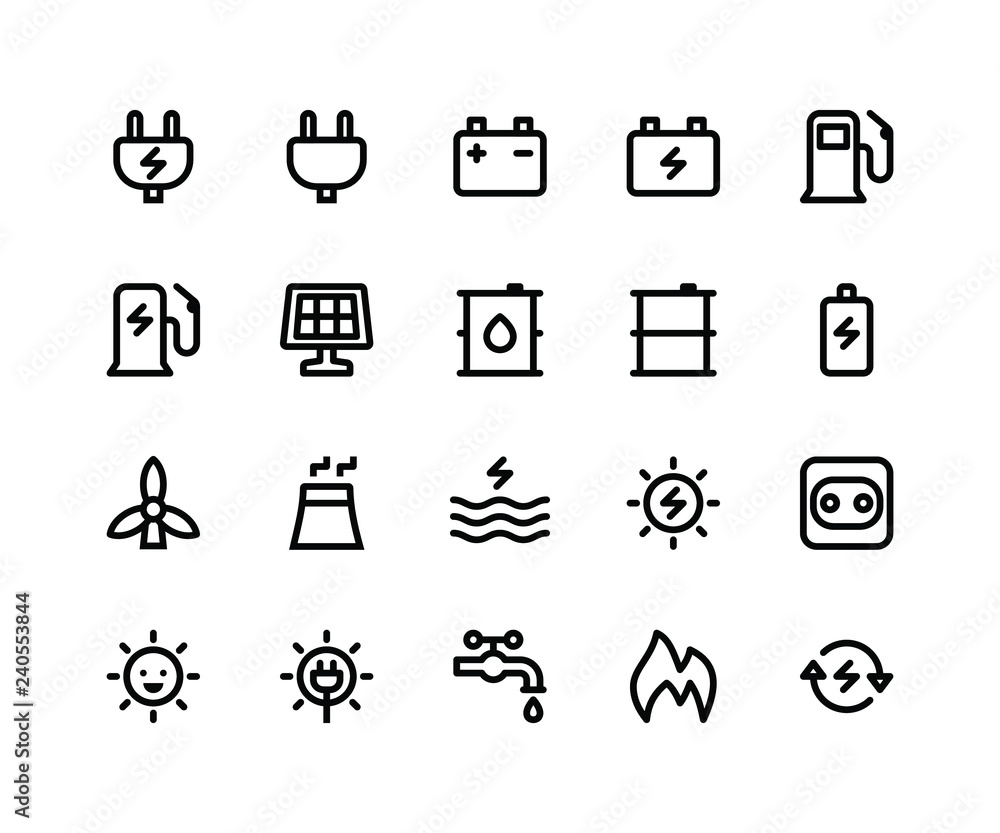 Fototapeta premium Simple Set of Energy Related Vector Line Icons. Contains such Icons as&nbsp;plug, battery, gas, solar, oil, sun and More. pixel perfect vector icons based on 32px grid. Well Organized