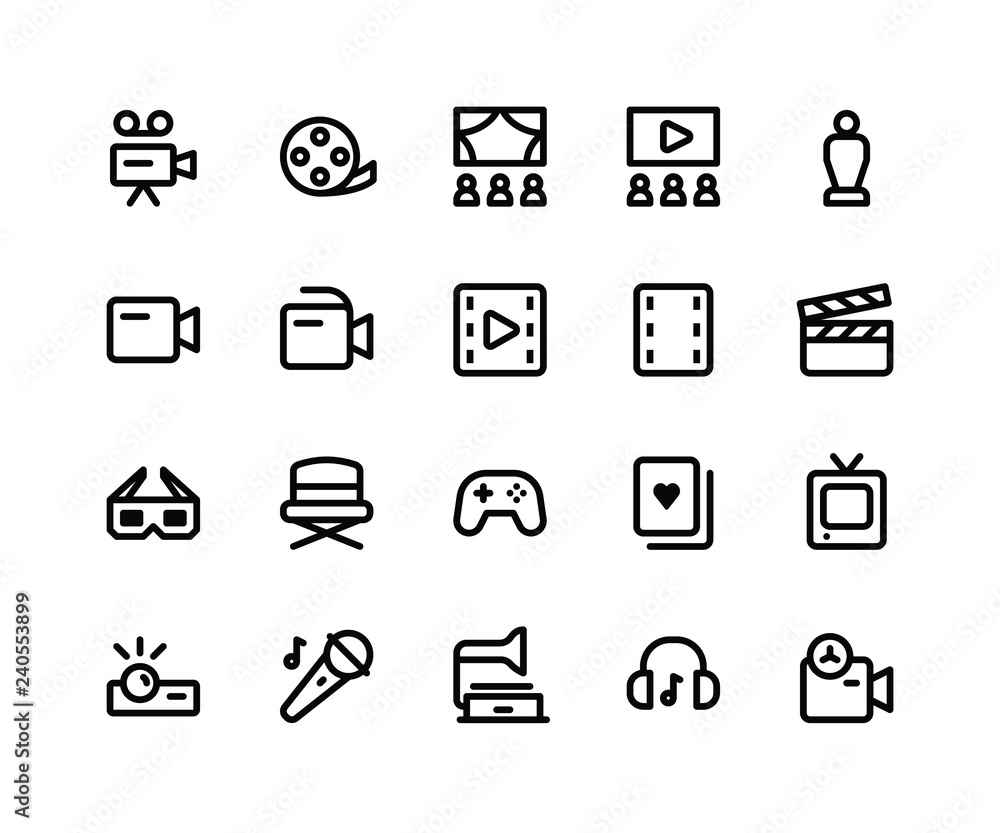 Simple Set of Entertainment Related Vector Line Icons. Contains such Icons as camera, movie, theatre, filmstrip, trophy and More. pixel perfect vector icons based on 32px grid. Editable Strokes Simple Set of Entertainment Related Vector Line Icons. Contains such Icons as camera, movie, theatre, filmstrip, trophy and More. pixel perfect vector icons based on 32px grid. Editable Strokes