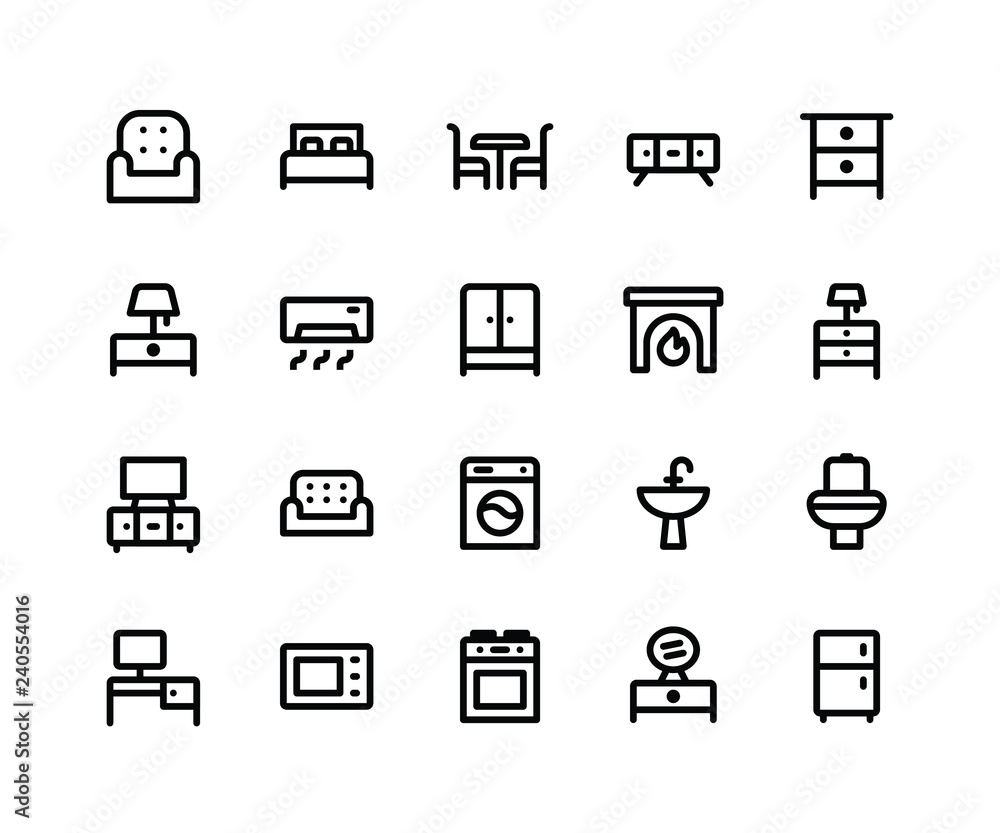 Simple Set of Furniture Related Vector Line Icons. Contains such Icons as sofa, bed, table, cabinet, lamp and More. pixel perfect vector icons based on 32px grid. Well Organized and Layered