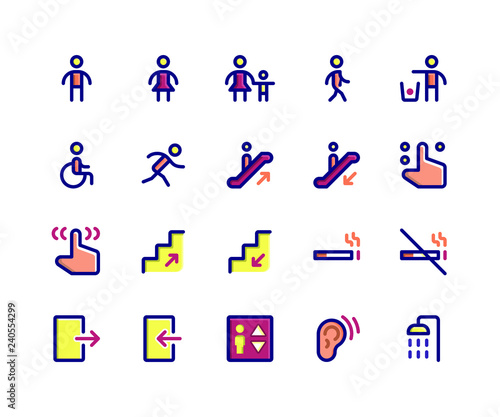 Simple Set of Wayfinding Related Vector Filled Line Icons. Contains such Icons as sign, male, women, walking, run, wheelchair and More. pixel perfect vector icons based on 32px grid. Editable Strokes.