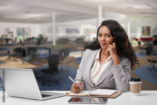 Wallpaper Mural Positive confident attractive young Asian businesswoman sitting at table with laptop, tablet, coffee cup and making notes in diary while planning day in office Torontodigital.ca