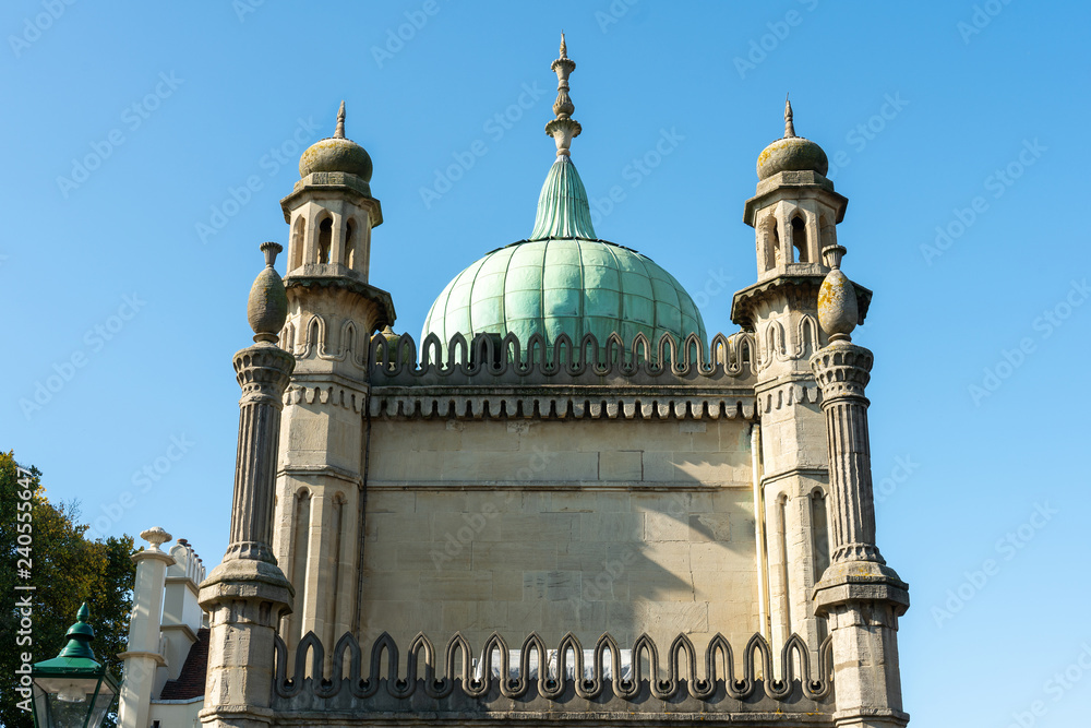 The entrance of the Brighton Royal Pavilion. The front of Brighton Pavilion near by the historic Royal Brighton Dome at Sussex, UK.