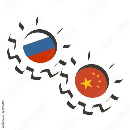 Partnership concept. Russia and China association. Gears textured by flag
