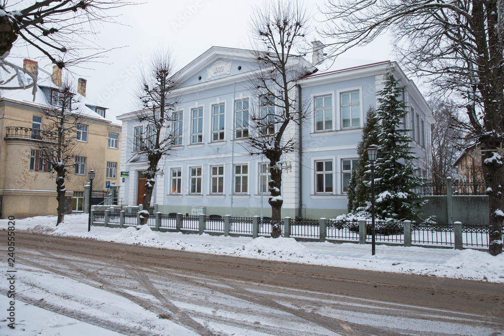 Old town buildings, street and urban view. Winter and snow. Travel photo 2018.