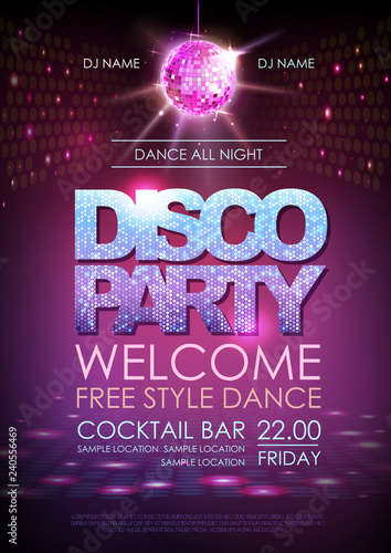 Disco ball background. Disco party poster. Neon
