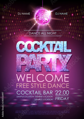 Disco ball background. Disco poster cocktail party. Neon