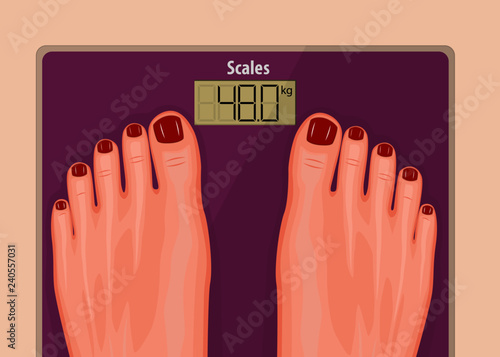 Realistic vector illustration of a close up human feet with colored in red toe nails standing on a pink scales. The concept of health care, weight problems, obesity, diabetes, sport, fitness and beaut