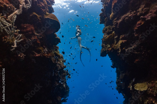 Lady freediver in sexy swimsuit ascends from a deep dive photo