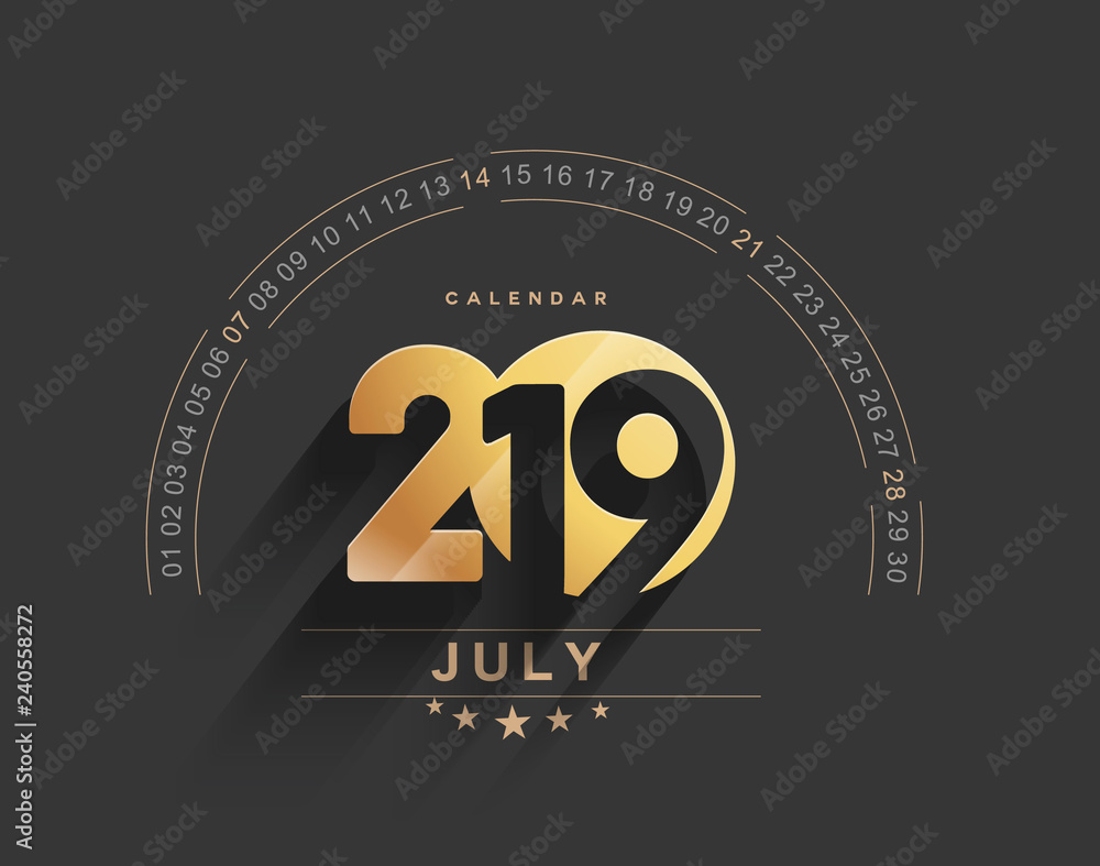 Happy new year 2019 July Calendar - New Year Holiday design elements for holiday cards, calendar banner poster for decorations, Vector Illustration Background. Happy new year 2019 July Calendar - New Year Holiday design elements for holiday cards, calendar banner poster for decorations, Vector Illustration Background.