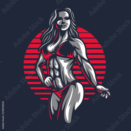 Fitness bikini woman or girl figure silhouette in old engraving vector art illustration or retro vintage emblem stamp isolated on black background Great for sport club logo sign or tshirt design