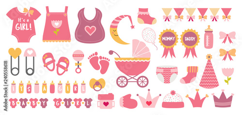 Baby shower icon vector set  pastel pink colors