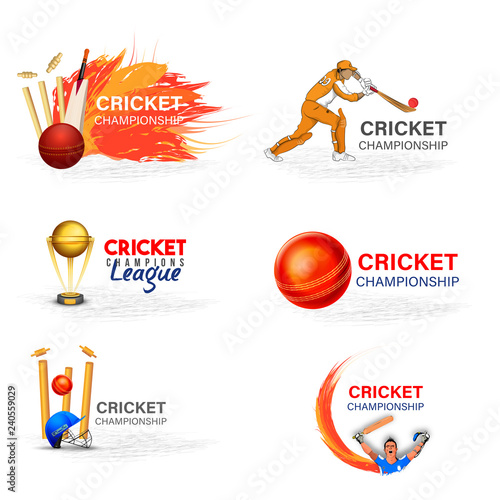 Set of Cricket Championship text with sports equipments and players on white background.