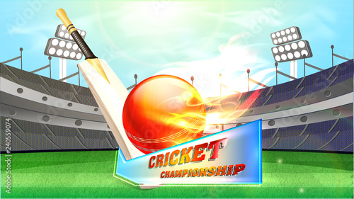 Realistic cricket ball in fire with bat on daylight stadium background. Cricket Championsip concept poster or banner design.