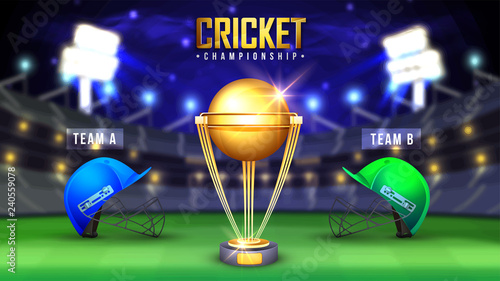 Cricket Championship banner with winning golden trophy and competitive team helmets on night stadium background.