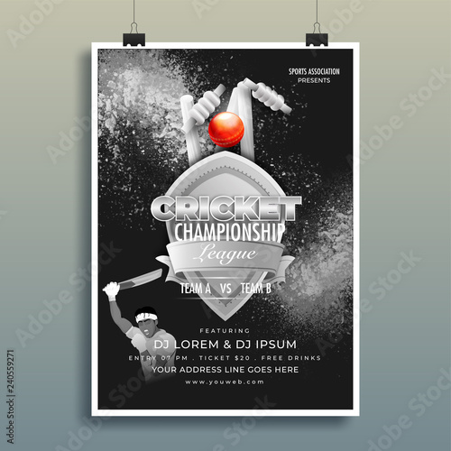 Cricket championship template or flyer design with match timing and venue details on black grunge background.