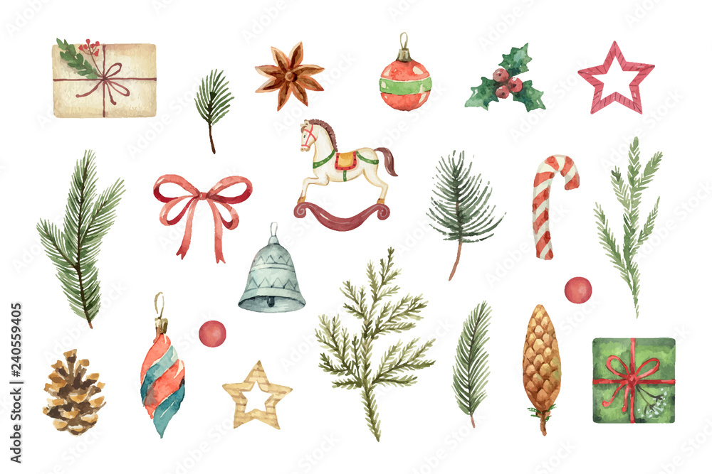 Watercolor vector Christmas set with fir branches, balls and gifts ...