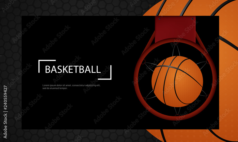 Top view of basketball hoop on black background, poster or banner design.