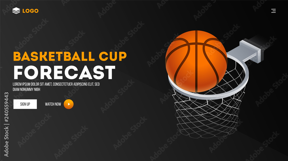 Website template or landing page design with illustration of basketball hoop on black background.