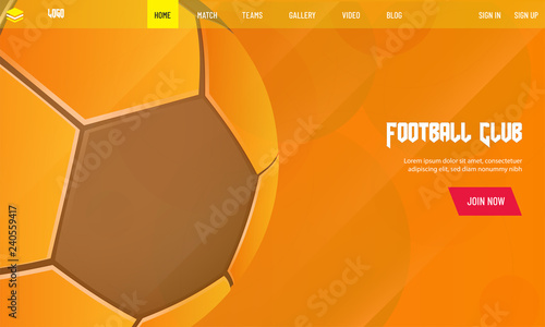 Close view of soccer on orange background, responsive landing page design for football club.