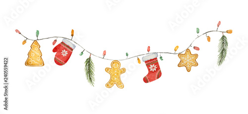 Watercolor vector Christmas garland with lights and gifts.
