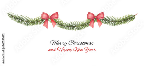 Watercolor vector Christmas garland with a red bow and fir branches.