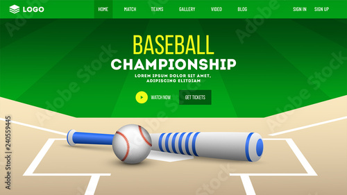 Baseball sport tournament concept website template or landing page design for mobile apps.