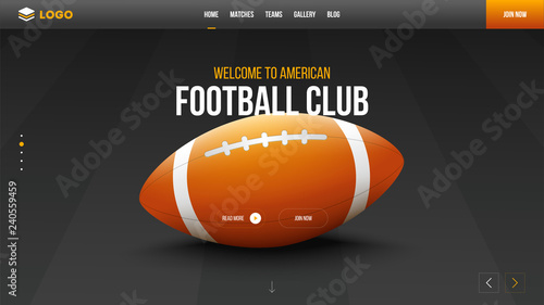 American football club hero shot design, illustration of rugby ball on glossy black background.