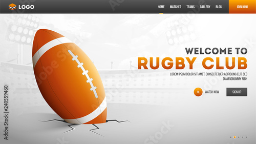 American football club hero shot, illustration of rugby ball on daylight stadium background.