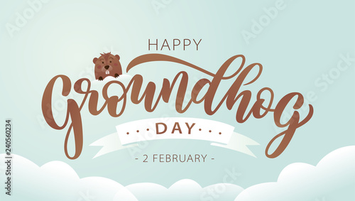Happy Groundhog Day. Hand drawn lettering text with cute groundhog. 2 February. Vector illustration. photo