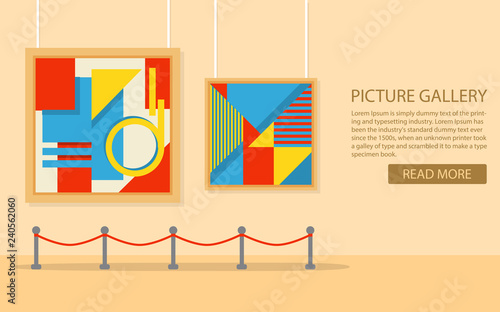 art gallery in the museum in flat style a vector. Exhibition of the modern art. A concept of design of a banner for the websites or mobile applications. Showroom with a painting exposition.   