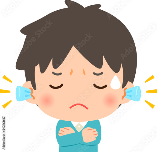 耳栓をして腕組みをした男性